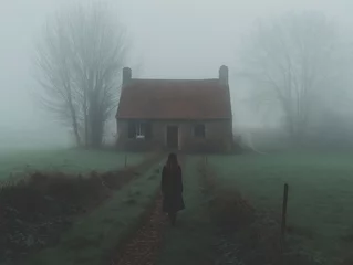 Fototapete Rund figure walking down a long, empty road at dusk, with a small house fading into the mist in the background © Alona