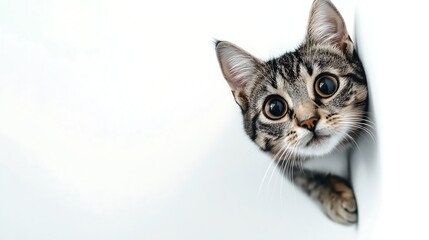 Obraz premium A curious cat peeks out from around the corner on a white background. Advertising banner mockup for a pet store or veterinary clinic