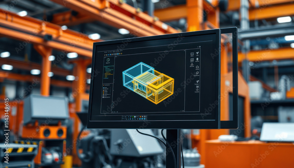 Poster industrial tech environment. cad design on computer screen. modern manufacturing facility. engineer 