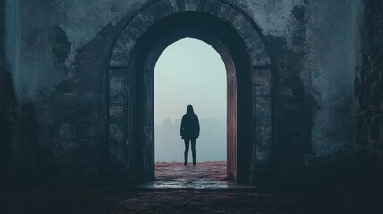 Silhouette stands, arched doorway, misty landscape.