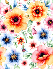 Watercolor hand drawn seamless pattern of flowers created with  technology, dreamy atmosphere, with white tones