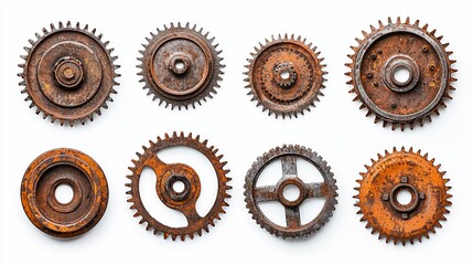 Eight rusty metal gears isolated on white.
