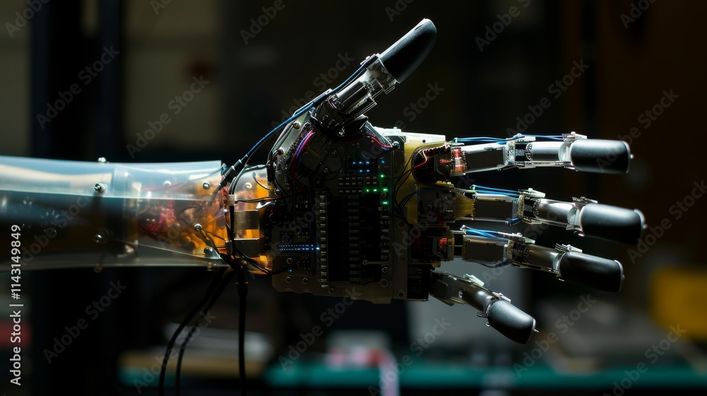 Poster advanced robotic hand with exposed circuits, leds, and mechanical components, symbolizing cutting-ed