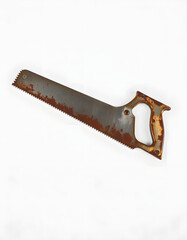 A vintage rusted metal hand saw on a plain white background. Ideal for construction or carpentry concepts, dinamic scene