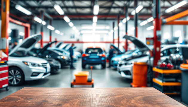 Empty wooden table in front of blurred car repair shop interior. Mechanics working on cars. Cars with open hoods lined up. Busy automotive service station. Modern auto repair workshop. Automobile