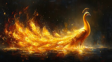Fiery peacock with burning tail feathers standing on dark reflective surface.