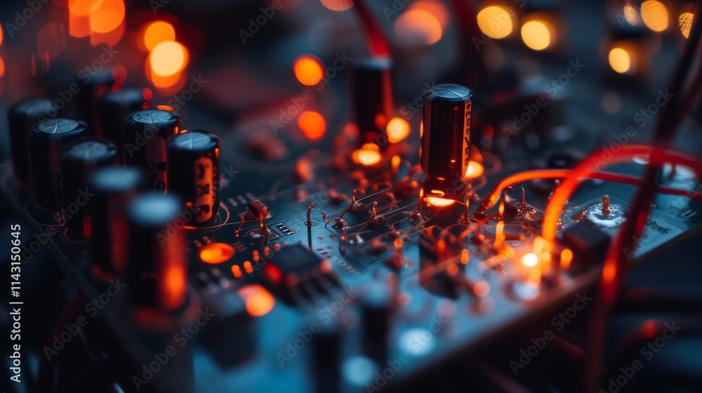 Aufkleber an abstract view of intricate electronic circuitry illuminated with vibrant red tones and glowing hi