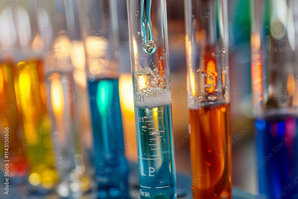 Poster scientist adding chemical substance with pipette to test tube with colorful solutions for experiment