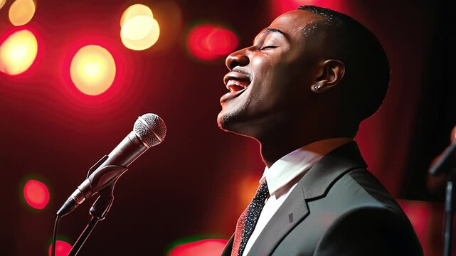 Soulful Singer on Stage: A charismatic male vocalist passionately performs, bathed in warm stage lighting, his voice filling the space.