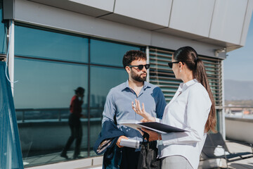 Obraz premium Two business people engage in a conversation while standing on a high-rise balcony, enjoying a clear day. The modern building reflects an urban environment, fostering an atmosphere of professional