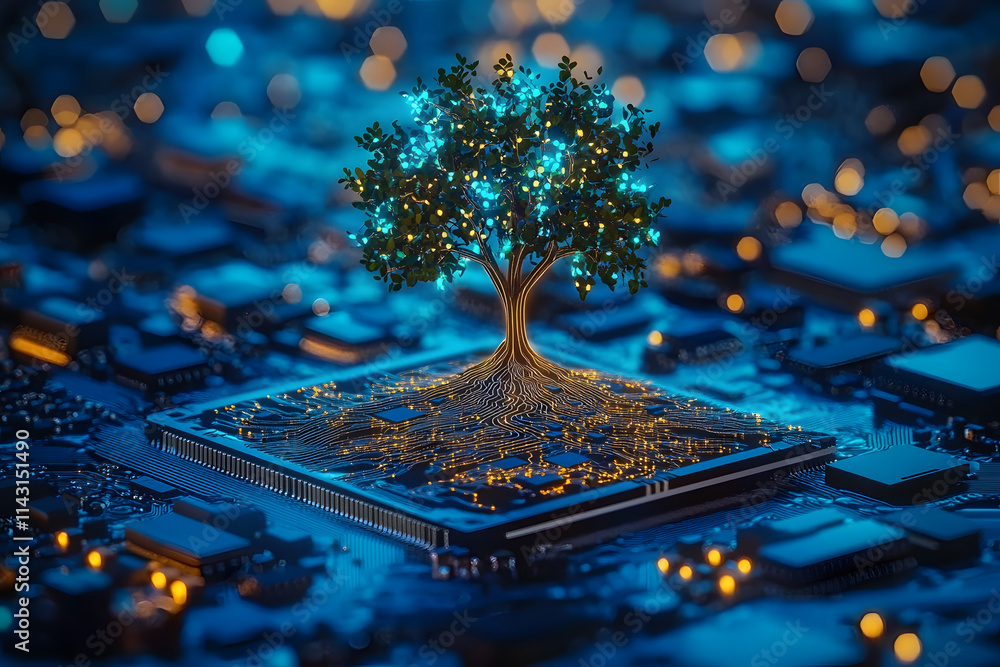 Poster digital tree growing from a microchip, symbolizing the fusion of technology and nature. ideal for co