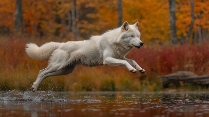 Obraz premium Arctic wolf leaping across autumnal water.