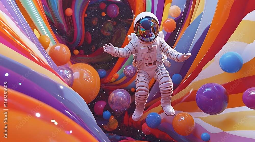 Poster astronaut floating through a colorful cosmic tunnel