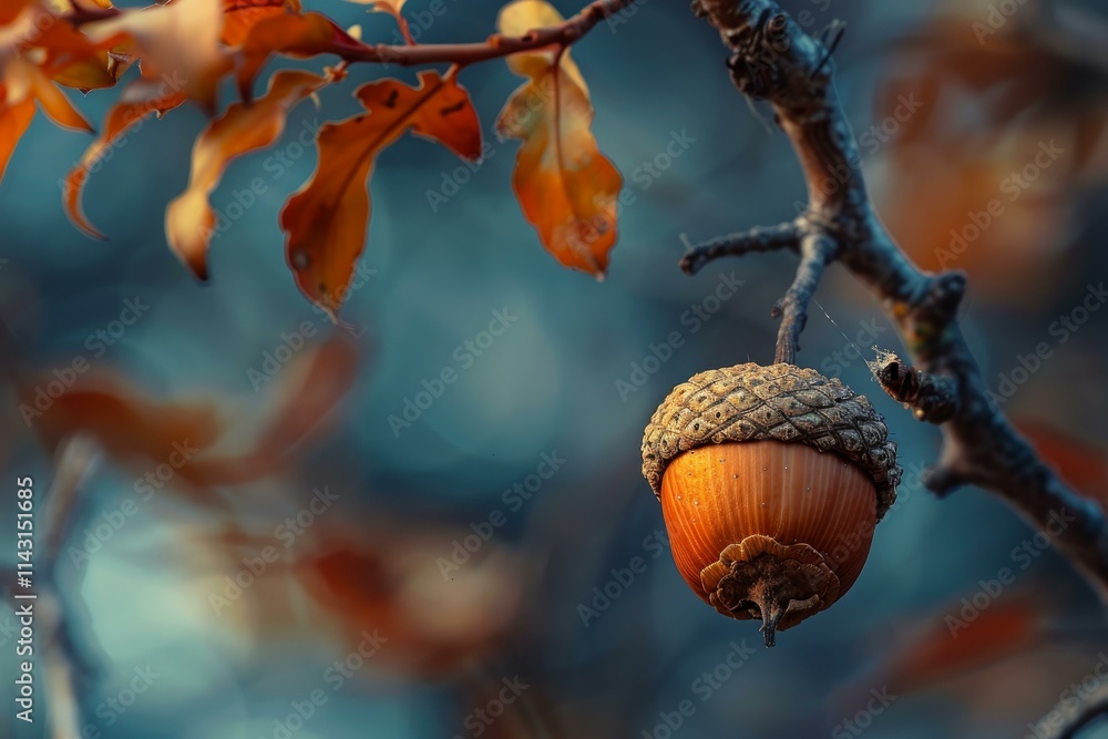 Poster single acorn hanging on a tree branch surrounded by fall colors