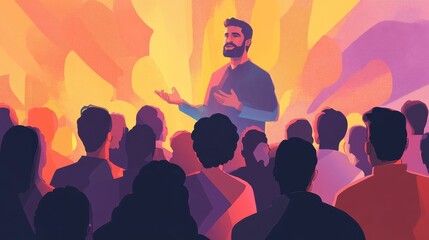Man speaks; audience listens; warm, colorful background.
