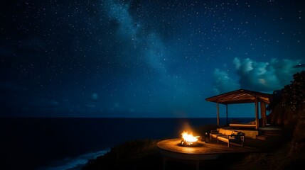 Fototapeta premium A secluded ocean villa with a firepit lounge on the deck glowing under a canopy of stars in the endless ocean horizon.