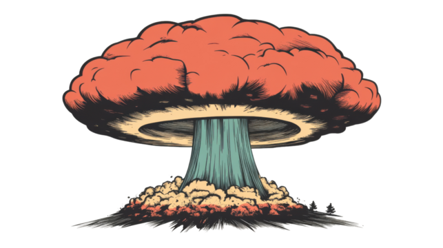 Nuclear explosion in the shape of a mushroom cloud, transparent background