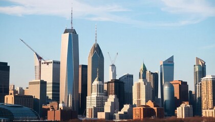 Fototapeta premium Stunning Skyline at Sunrise, Featuring Iconic Architecture