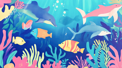 A vibrant children&rsquo;s illustration of an underwater coral reef, featuring colorful fish, playful dolphins, and a cheerful sea turtle swimming among vibrant corals and plants