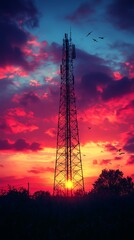 Fototapeta premium Sunset silhouette of radio tower and sky high resolution image