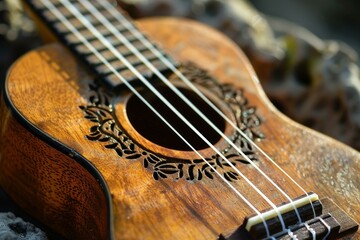 Fototapeta premium Close up of a traditional hawaiian koa wood ukulele laying outside on lava rocks in the warm sunlight