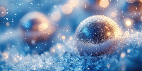 Glowing spheres create a winter wonderland effect in a soft blue and silver landscape