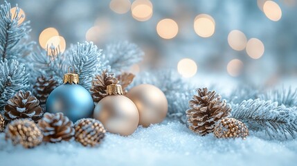 Christmas banner - blue and gold. Decoration in the snow. Empty space for text.
