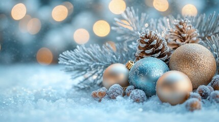 Christmas banner - blue and gold. Decoration in the snow. Empty space for text.