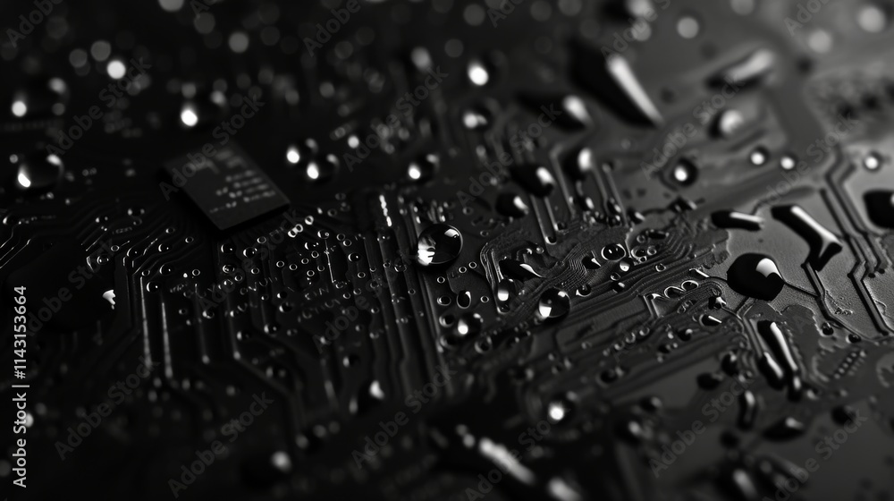 Poster close-up macro view of a black computer circuit board with water droplets, highlighting intricate el