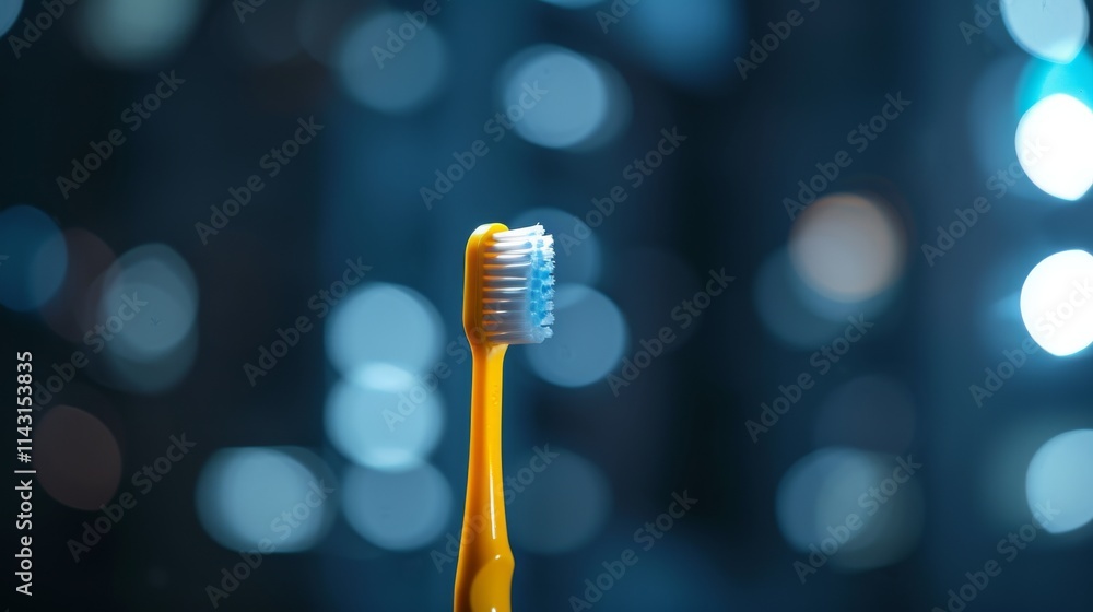 Poster Close-up of a bright yellow toothbrush with soft bristles against a blurred bokeh-style background, creating a simple yet appealing design for dental care concepts. AI generated.