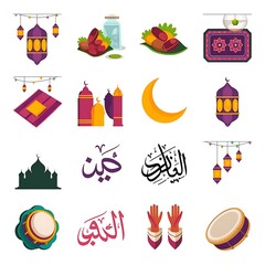 set of vibrant 2D vector icons illustrating Arab culture and folklore items and decorations