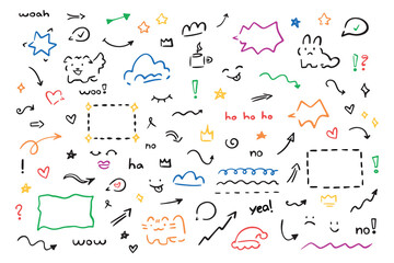 Hand drawn set of simple decorative elements. Various icons such as hearts, stars, speech bubbles, arrows, lines isolated on white background.