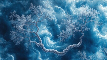 Intricate patterns of frosted branches in a vibrant icy landscape during winter