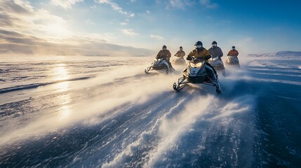 A team of four racing across a frozen lake on snowmobiles leaving a spray of ice behind them.