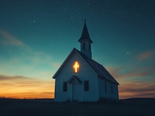 Fototapeta premium White church, glowing cross, starry twilight sky.
