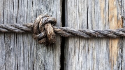 Obraz premium A close-up of a tightly tied rope knot against a backdrop of weathered wooden planks, showcasing craftsmanship and connection.