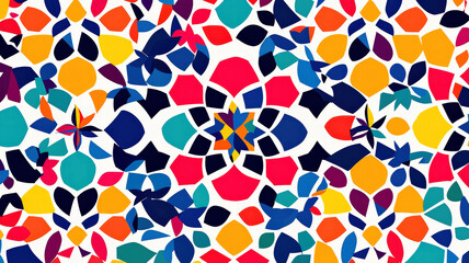 A vibrant kaleidoscope pattern featuring intricate geometric shapes in bold colors, creating a mesmerizing visual effect that draws the eye and stimulates the imagination.