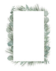 Watercolor Greenery Frame with Eucalyptus and Pine