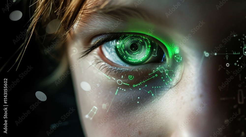 Poster close-up of a glowing green cybernetic eye with a high-tech interface, showcasing futuristic design 