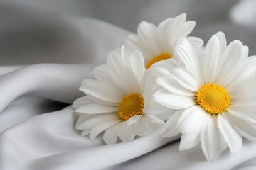 Fototapeta premium botanical table setting, peaceful elegance showcased by white chamomile flowers on a linen cloth, reflecting purity and simplicity