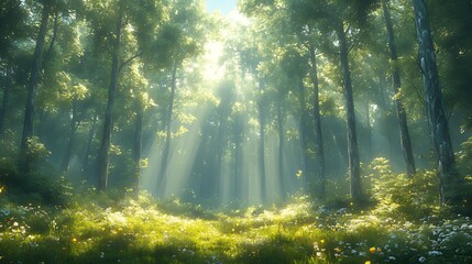Obraz premium Sunbeams illuminate a lush, misty forest clearing with wildflowers.
