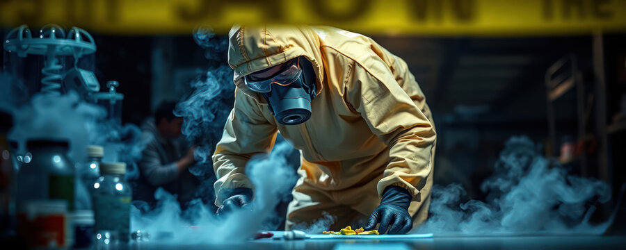 Hazmat suit investigator collects evidence in lab. Toxic substances present. Investigator wears protective gear. Dangerous scene. Forensic investigation. Suspenseful mood. Dark atmospheric lighting.