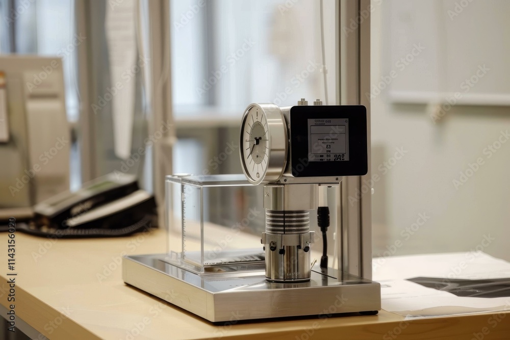 Poster modern electronic equipment with digital display, clock and transparent cube for measuring tests