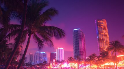 A vibrant Miami Beach carnival with colorful rides glowing lights and families enjoying the festive summer atmosphere.