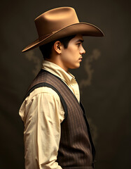 Side view of vintage 1900 cowboy. Young man. Studio shot against, magazine photoshoot, with white tones