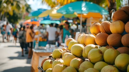 A vibrant street market near Miami Beach with fresh coconuts handmade crafts and smiling vendors under colorful umbrellas.