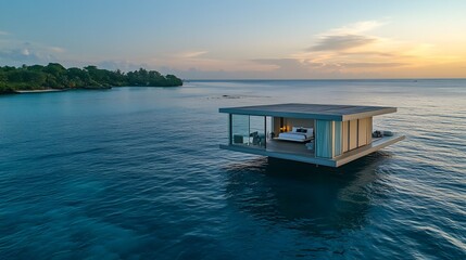 A villa floating on the ocean with a glass-walled bedroom offering uninterrupted views of the endless horizon.