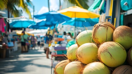 A vibrant street market near Miami Beach with fresh coconuts handmade crafts and smiling vendors under colorful umbrellas.