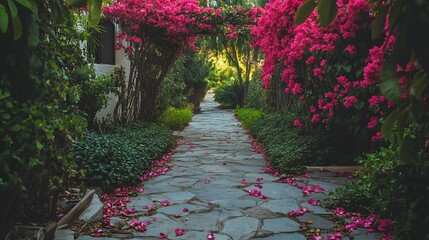 A villa in the Hollywood Hills surrounded by blooming bougainvillea with stone pathways leading to hidden garden nooks.
