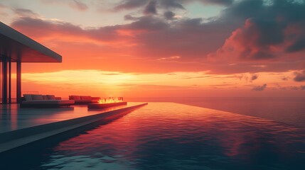 A villa in the ocean with a rooftop infinity pool firepit seating and stunning sunrise views over the horizon.